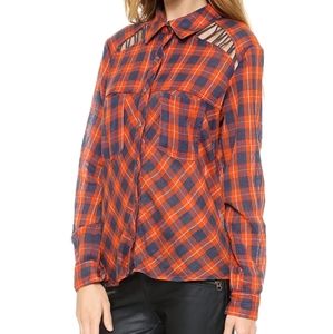 Free people orange & blue gauzy cut out  snap button flannel